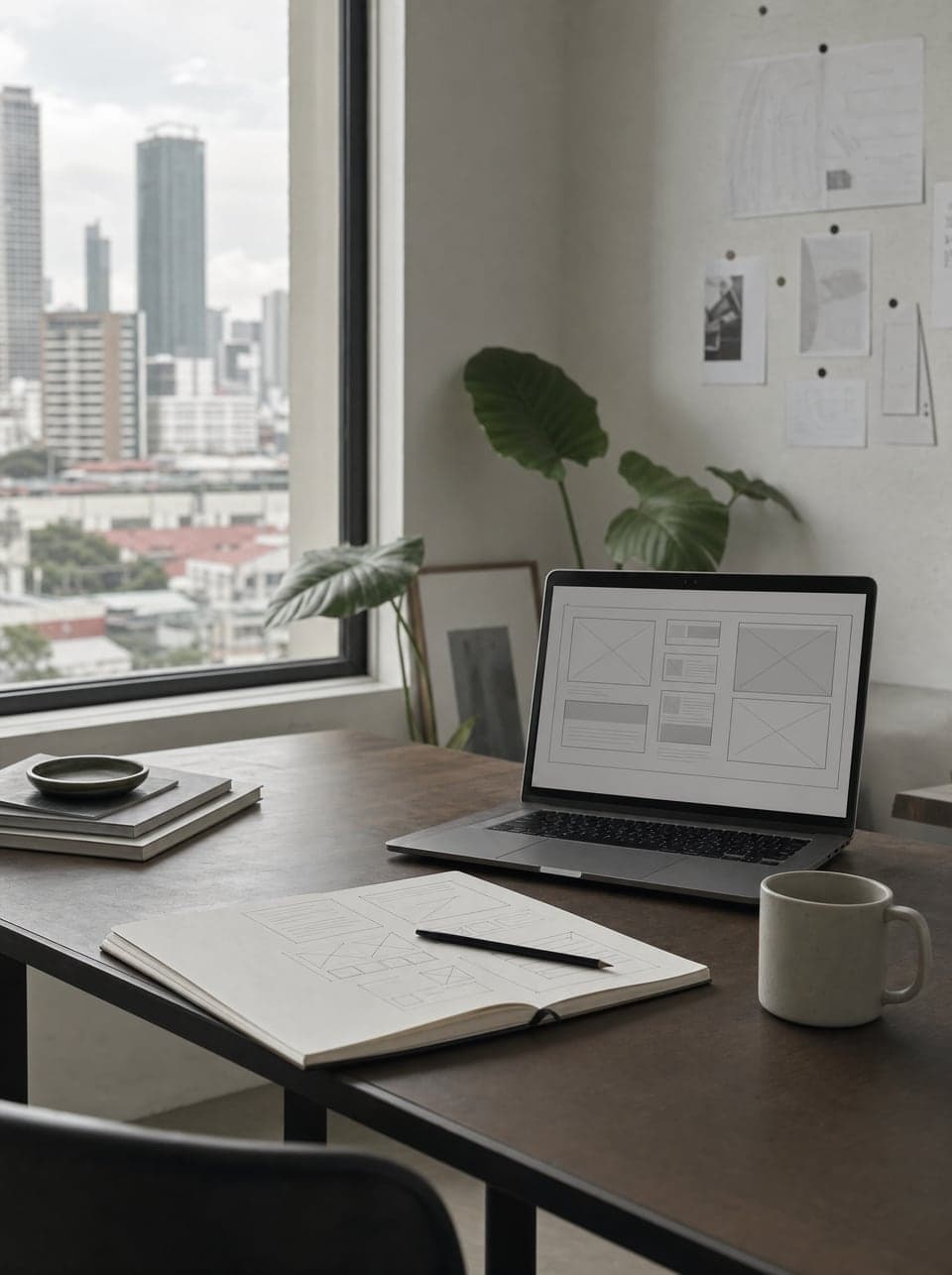 A desk by a window: a laptop showing a grey wireframe, an open notebook of hand-drawn layout sketches, a pencil and a mug, with a city skyline beyond