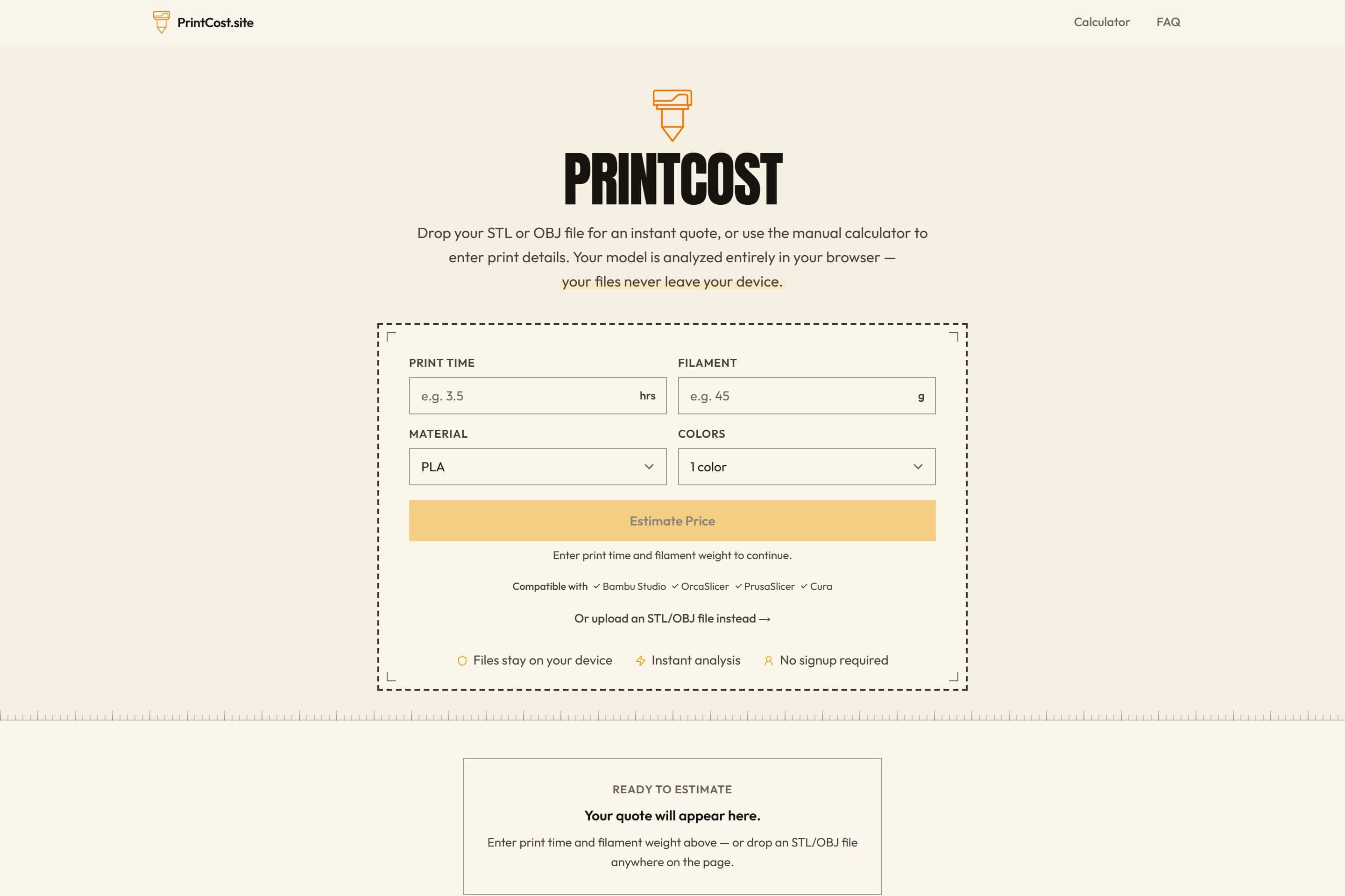 Screenshot of the PrintCost website